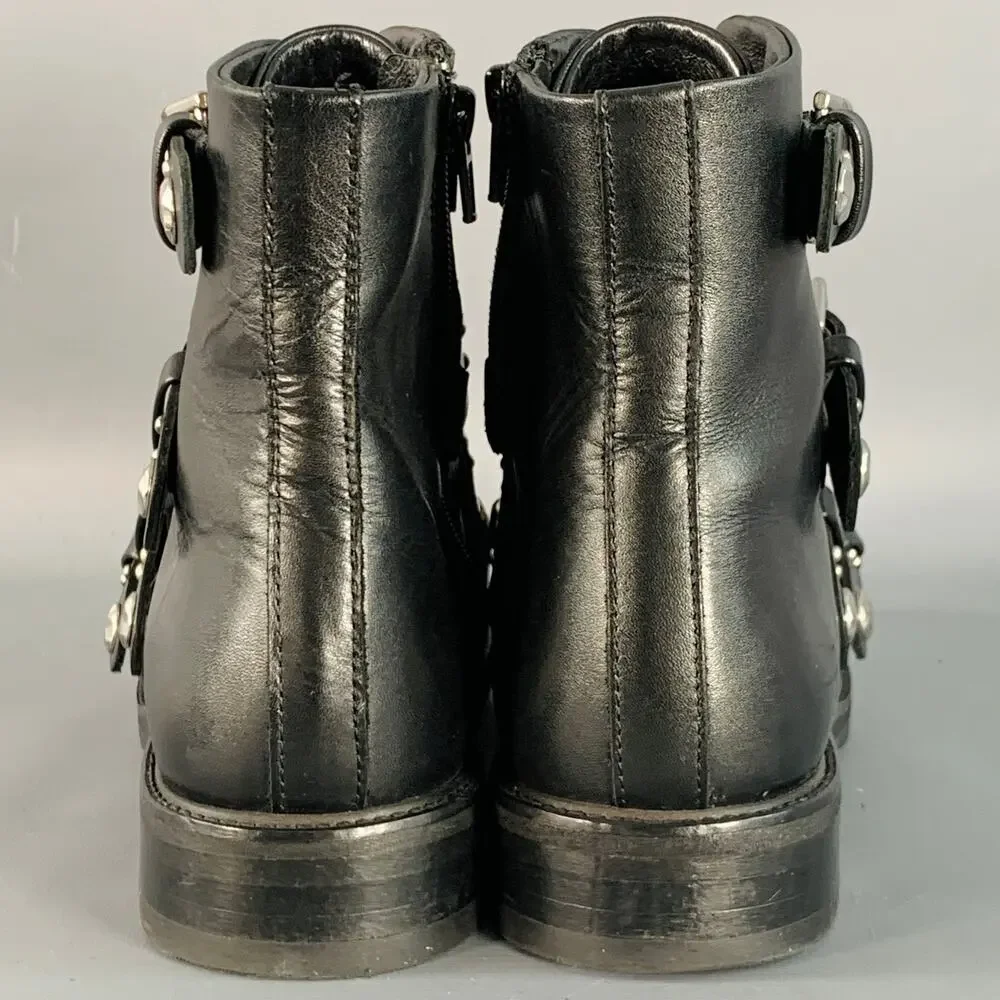 MAJE Size 9 Black Leather Studded Belted Side Zipper Military Ankle Boots - Picture 2 of 8